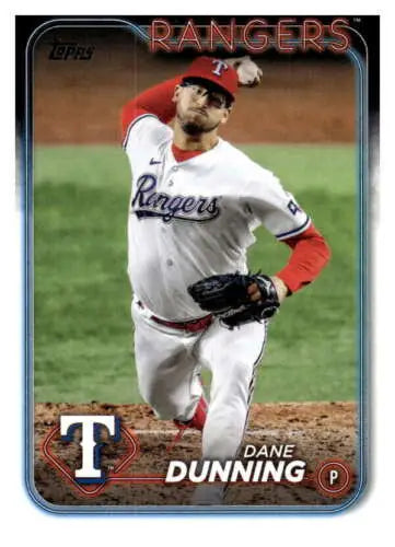 Baseball card of Dane Dunning in mid-throw wearing a Rangers uniform with original gloss