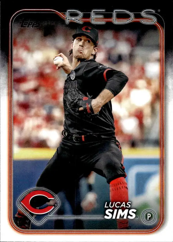 Baseball card of Lucas Sims in black uniform for Cincinnati Reds baseball collection