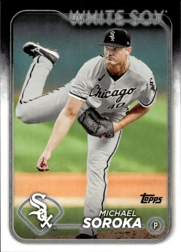 Baseball card of Michael Soroka in follow-through pitching for White Sox in gray uniform