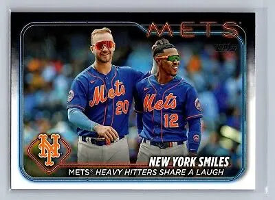 Baseball card of Mets Heavy Hitters sharing a laugh in 2024 Topps New York Smiles