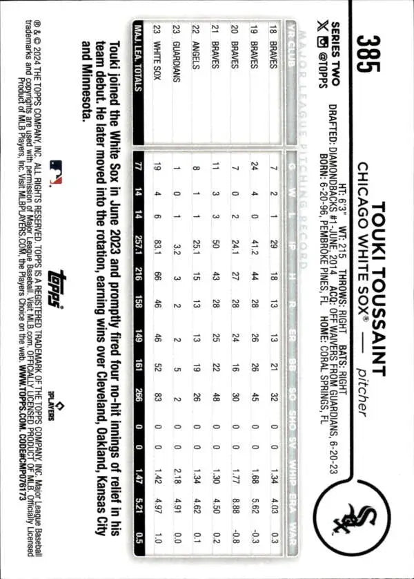 Baseball scorecard showing statistics for Touki Toussaint and the Chicago White Sox