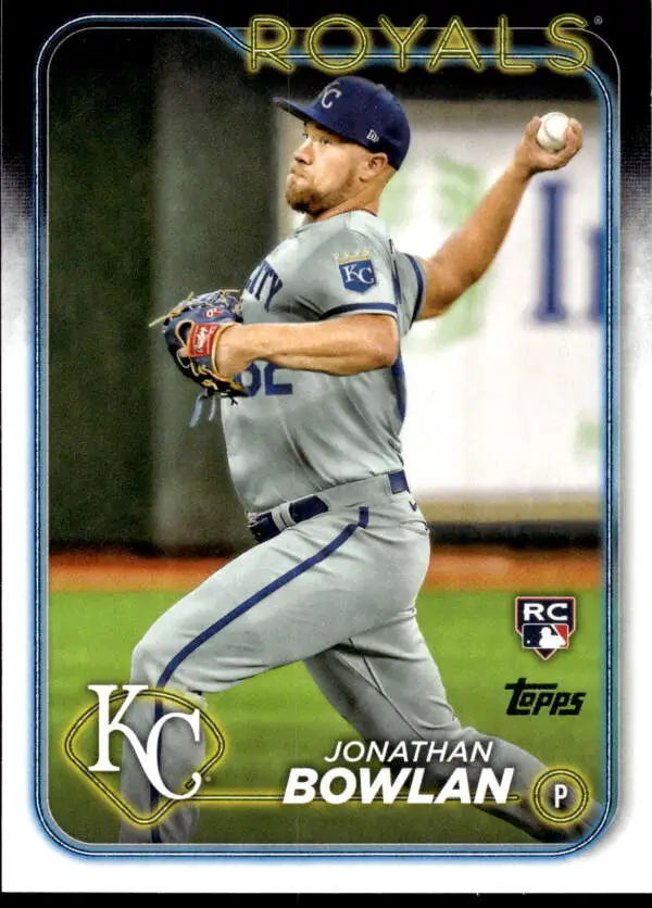 Baseball card of Kansas City Royals pitcher Jonathan Bowlan in mid-throwing motion