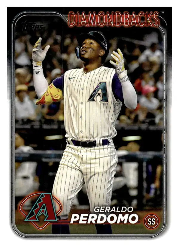 Baseball card of Geraldo Perdomo celebrating at home plate for Arizona Diamondbacks