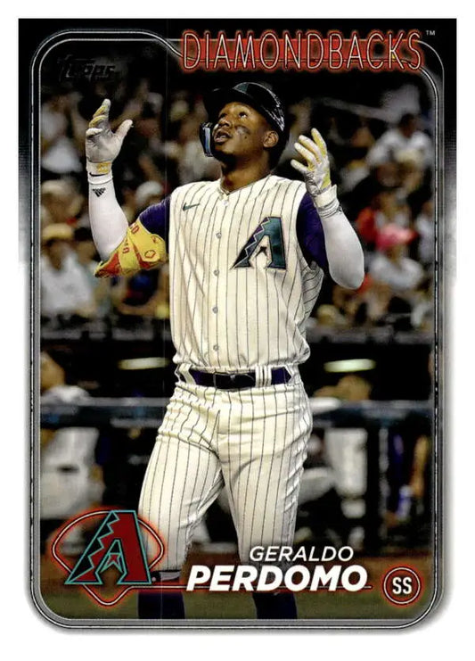 Baseball card of Geraldo Perdomo celebrating at home plate for Arizona Diamondbacks