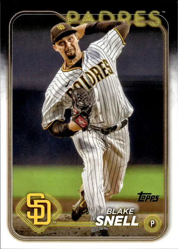 Blake Snell mid-throw in pinstriped uniform on 2024 Topps San Diego Padres card