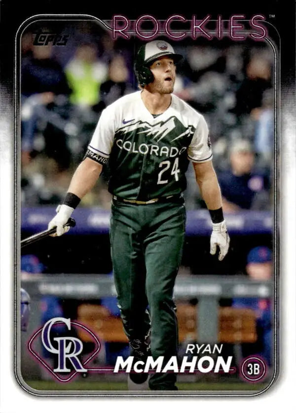 Baseball card of Ryan McMahon in black uniform for Colorado Rockies collectors