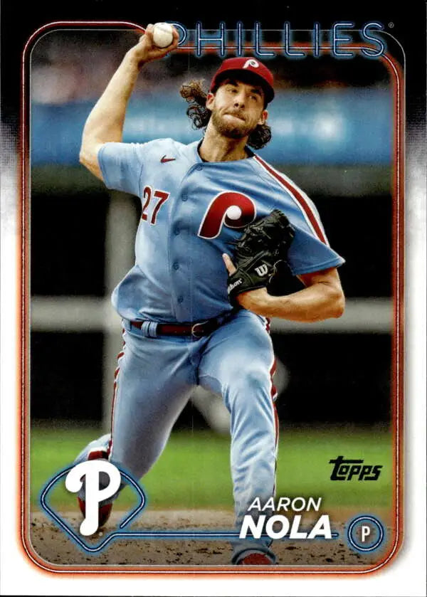 Aaron Nola mid-throw in gray uniform on 2024 Philadelphia Phillies baseball card