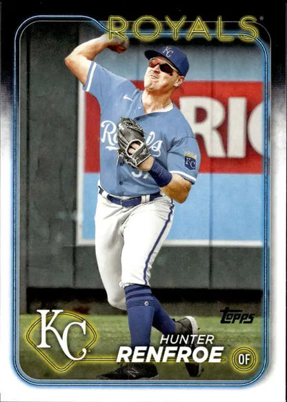 Kansas City Royals Hunter Renfroe baseball card in light blue uniform throwing