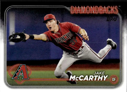 Jake McCarthy diving catch in red Arizona Diamondbacks uniform for baseball card