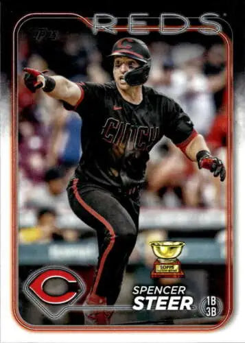 Spencer Steer baseball card featuring original gloss from 2024 Topps #485 Reds