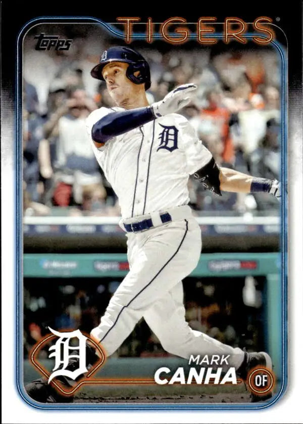 Mark Canha mid-swing in white uniform on 2024 Topps Detroit Tigers Baseball Card