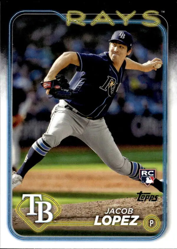 Tampa Bay Rays player Jacob Lopez mid-pitch on 2024 Topps #502 baseball card