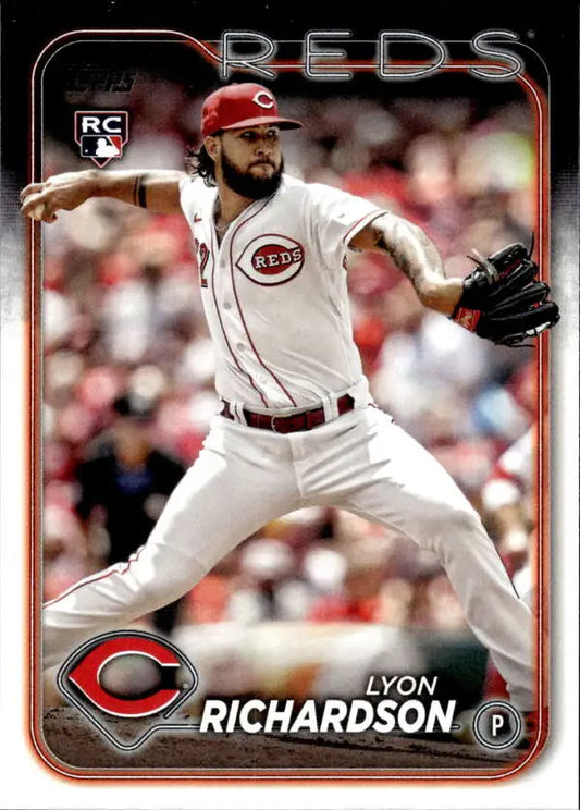 Lyon Richardson delivering a pitch in Cincinnati Reds home uniform on rookie card