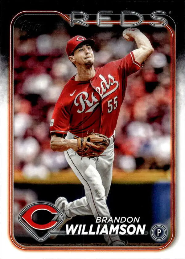 Baseball card of Brandon Williamson, Cincinnati Reds pitcher, in mid-throwing motion