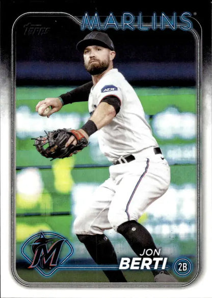 Miami Marlins Baseball Card featuring Jon Berti mid-throw in white uniform