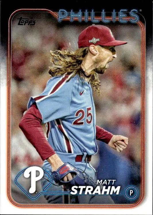 Matt Strahm mid-delivery on 2024 Topps #528 Philadelphia Phillies baseball card