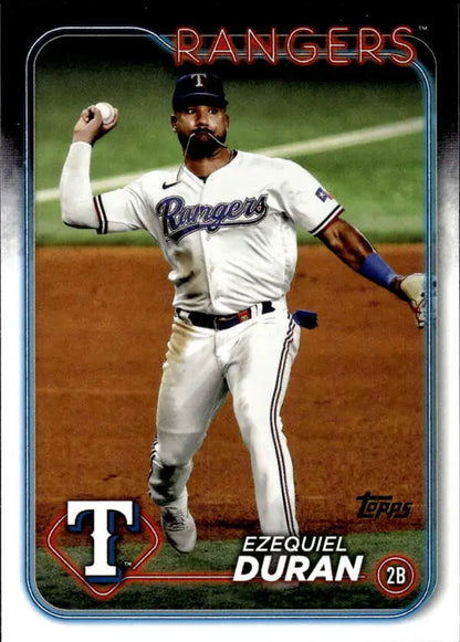 Ezequiel Duran in Texas Rangers uniform throwing a ball for baseball card collectors