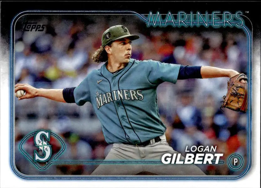 Logan Gilbert mid-throw in gray uniform on Seattle Mariners baseball card