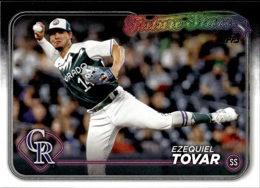 Ezequiel Tovar mid-pitch in Colorado Rockies uniform on Rockies baseball card