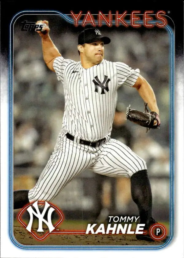 Tommy Kahnle mid-throw in Yankees pinstriped uniform on 2024 Topps Baseball Card