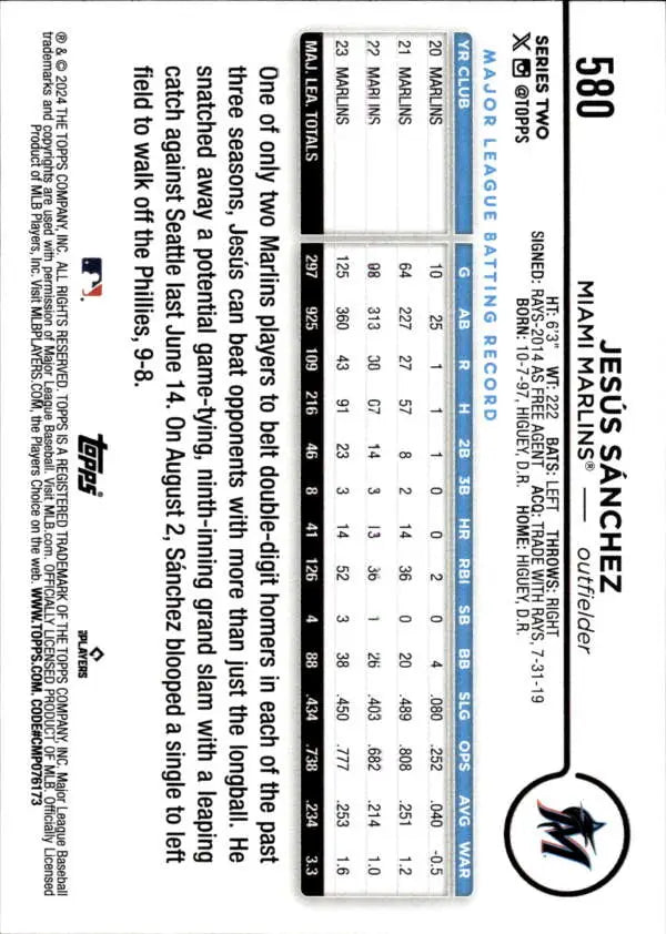 2024 Topps #580 Jesus Sanchez Baseball Card showcasing Miami Marlins player stats