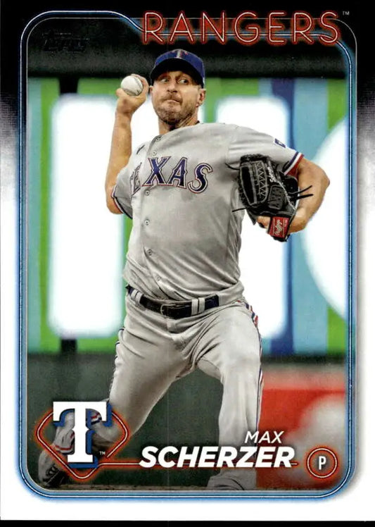 Baseball card of Max Scherzer pitching in gray Texas Rangers road uniform