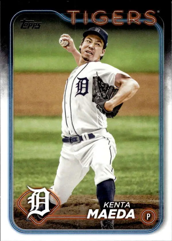 Kenta Maeda in mid-throw on a Detroit Tigers baseball card in white home uniform