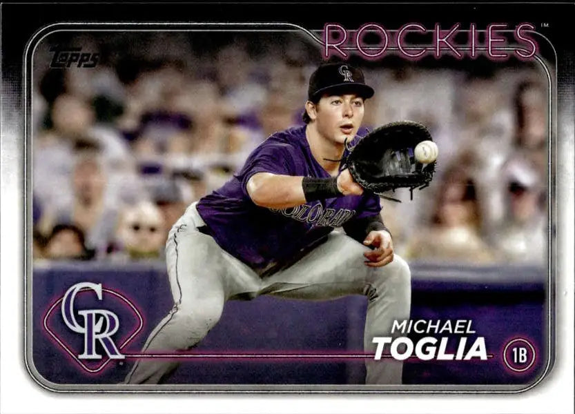 Michael Toglia fielding a ball on 2024 Topps #626 Colorado Rockies Baseball Card