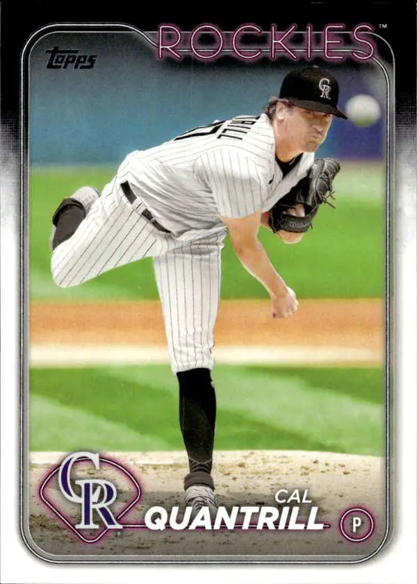 Baseball card of Cal Quantrill pitching for the Colorado Rockies in mid-delivery motion