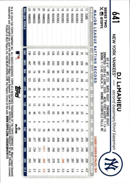 Baseball card featuring DJ LeMahieu stats and the New York Yankees logo