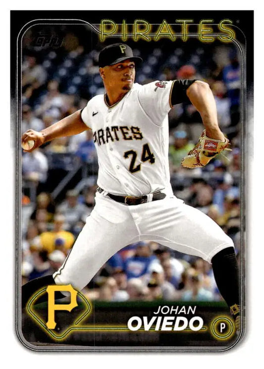 Johan Oviedo pitching in white home uniform number 24 for Pittsburgh Pirates baseball card