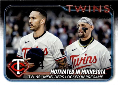 Baseball card of Minnesota Twins infielders during pregame activities as part of 2024 Topps