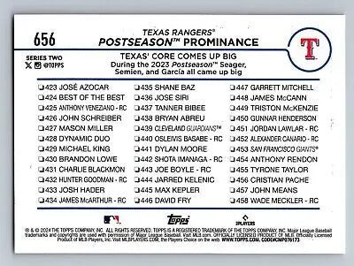 Baseball card back of 2024 Topps #656 Postseason Prominance Texas Rangers flat rate