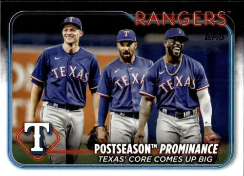 Baseball card displaying three players from 2024 Topps Postseason Prominence Original Gloss