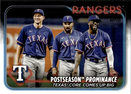 Texas Rangers players celebrate in navy uniforms on 2024 Topps postseason prominence card