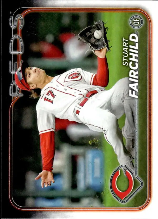 Stuart Fairchild in Cincinnati Reds uniform making a leaping catch baseball play