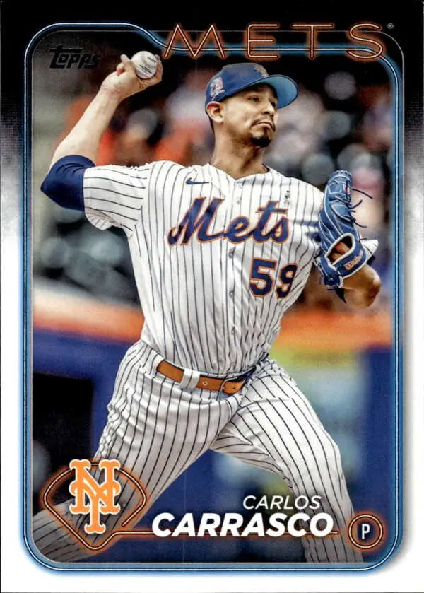 Topps baseball card featuring Carlos Carrasco pitching for the New York Mets in pinstripes