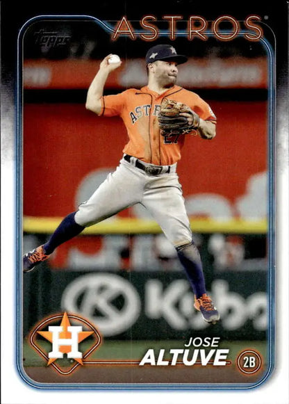 Baseball card of Jose Altuve mid-throw in orange jersey for Houston Astros