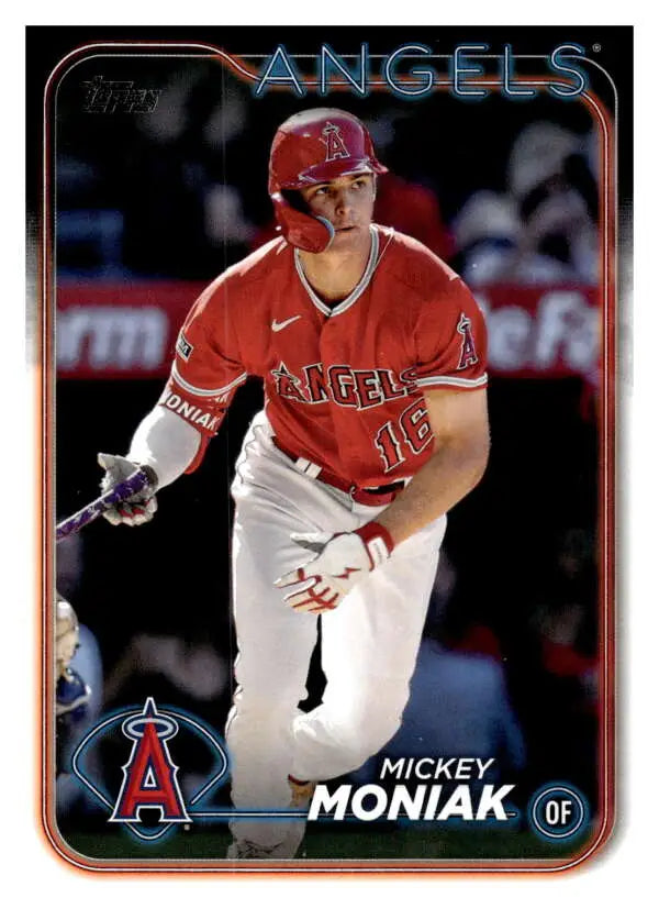 Mickey Moniak in red Los Angeles Angels uniform holding a bat on baseball card