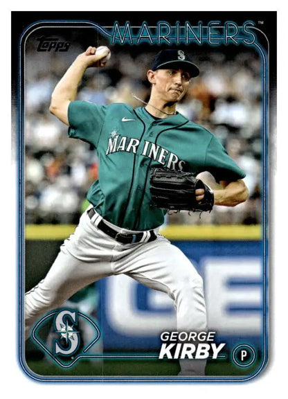 George Kirby mid-throw in teal jersey on 2024 Topps Seattle Mariners baseball card