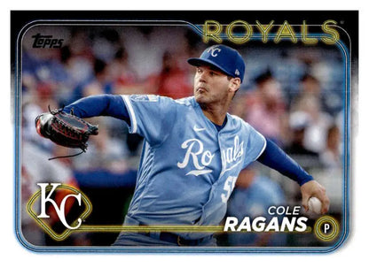 Cole Ragans in Kansas City Royals powder blue jersey mid-pitch action shot