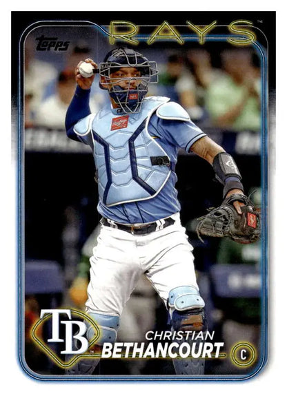 Tampa Bay Rays player in catcher’s stance throwing the ball on 2024 Topps card