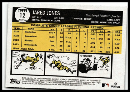 Jared Jones baseball card from 2024 Topps Archives featuring Pittsburgh Pirates player