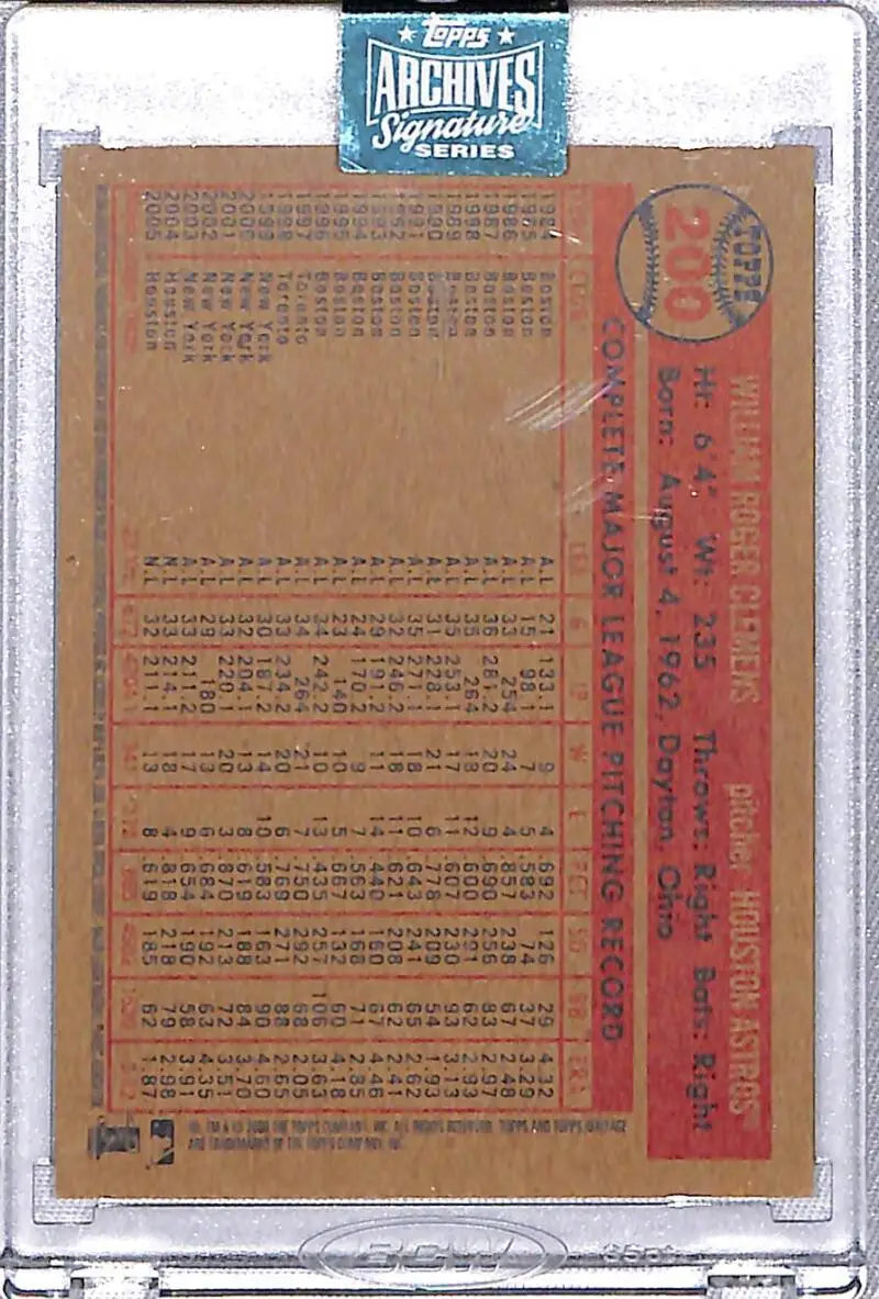 Vintage baseball card back with Roger Clemens stats in brown and red, Topps Archives Signature