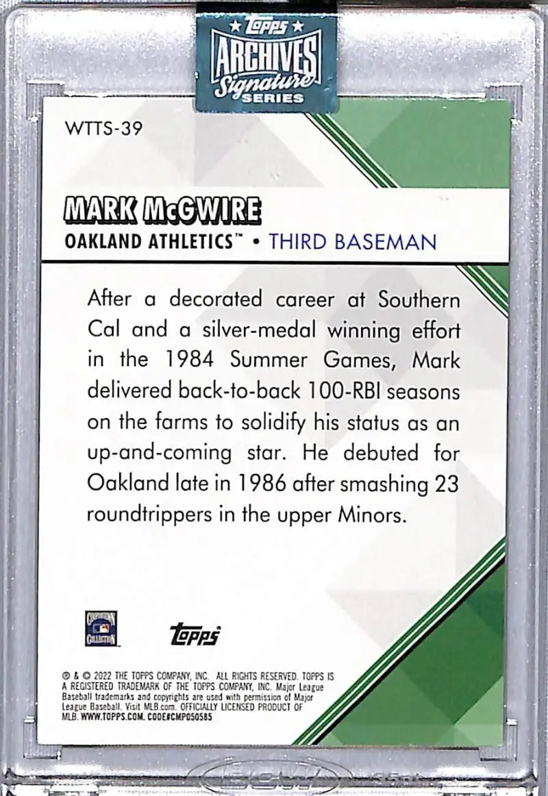 Mark McGwire Oakland Athletics Baseball Card in protective case from Topps Archives Signature