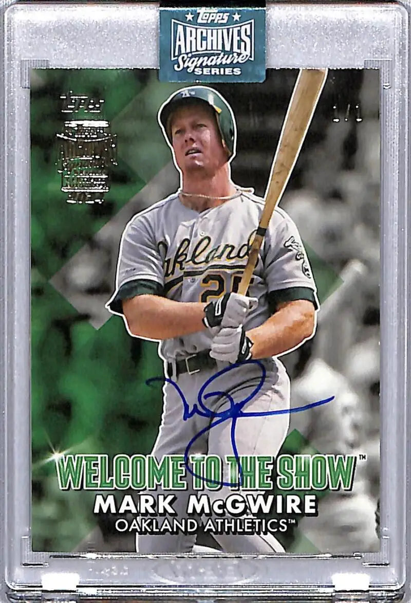 Signed Mark McGwire baseball card with green background from Topps Archives Signature