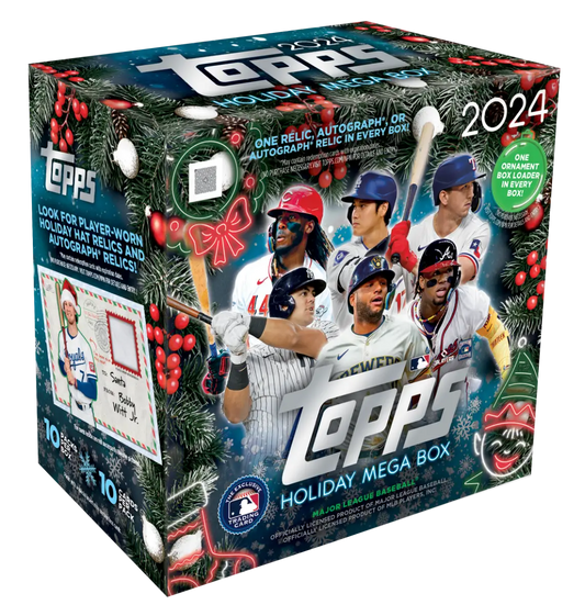 2024 Topps Baseball Holiday Mega Box with MLB players in festive Christmas design