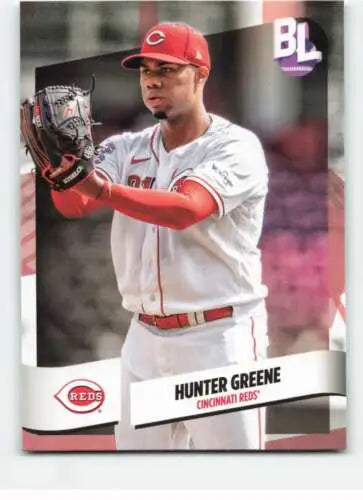 Baseball card of Cincinnati Reds player Hunter Greene in white uniform, Topps Big League