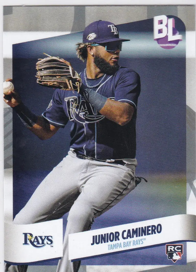 Baseball card of Junior Caminero pitching for Tampa Bay Rays in Topps Big League