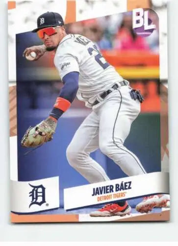 Baseball card of Javier Baez in a white Detroit Tigers uniform from Topps Big League